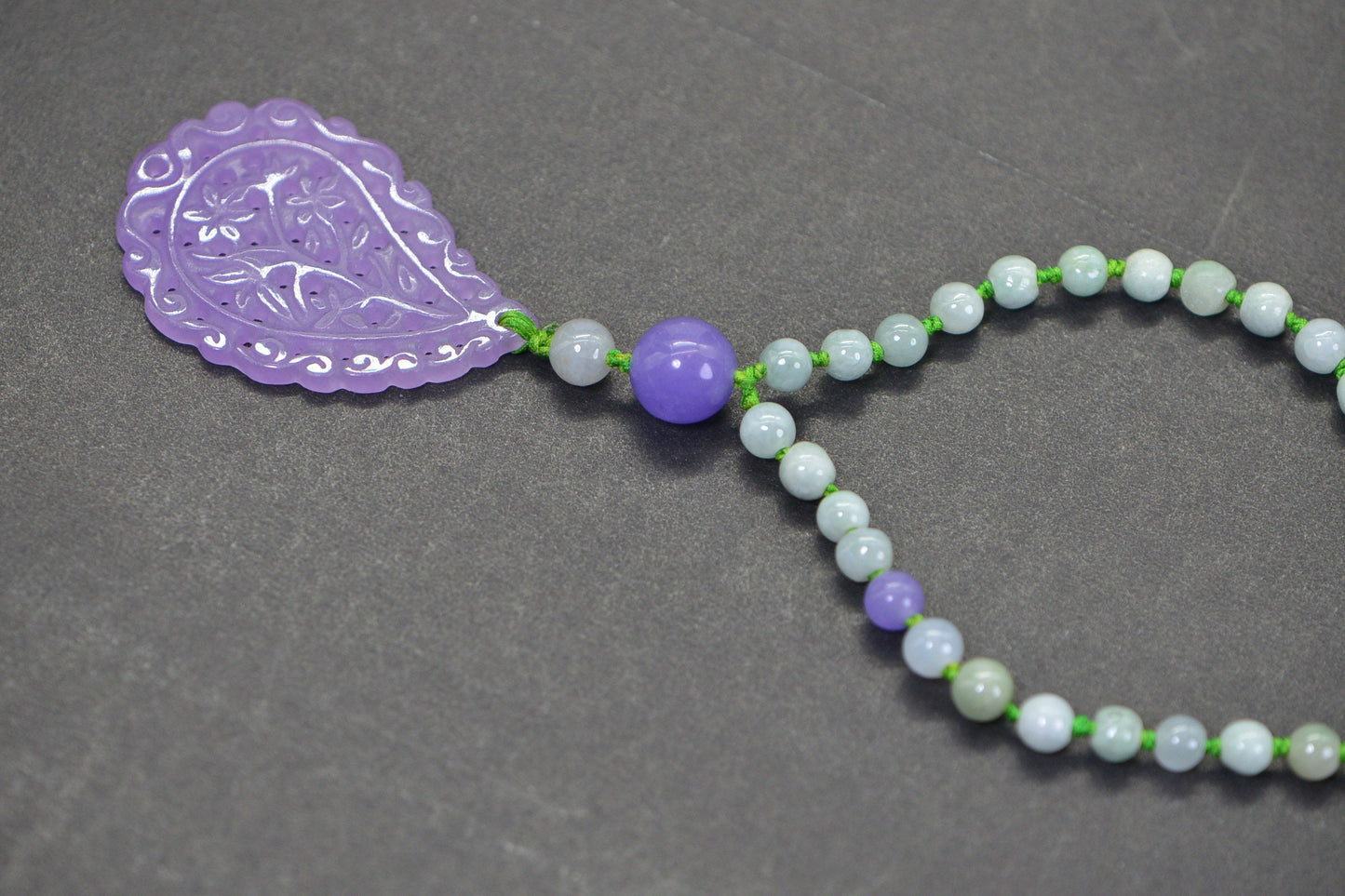 Carved Floral Purple Jade Pendant Necklace: Burma Green Jade Knotted Lariat, 26 inch