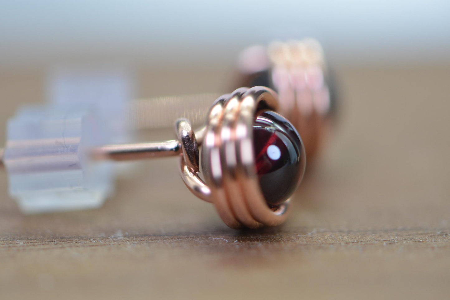 Handmade Copper Wire Wrapped Garnet Stud Earrings: 5mm Gemstone