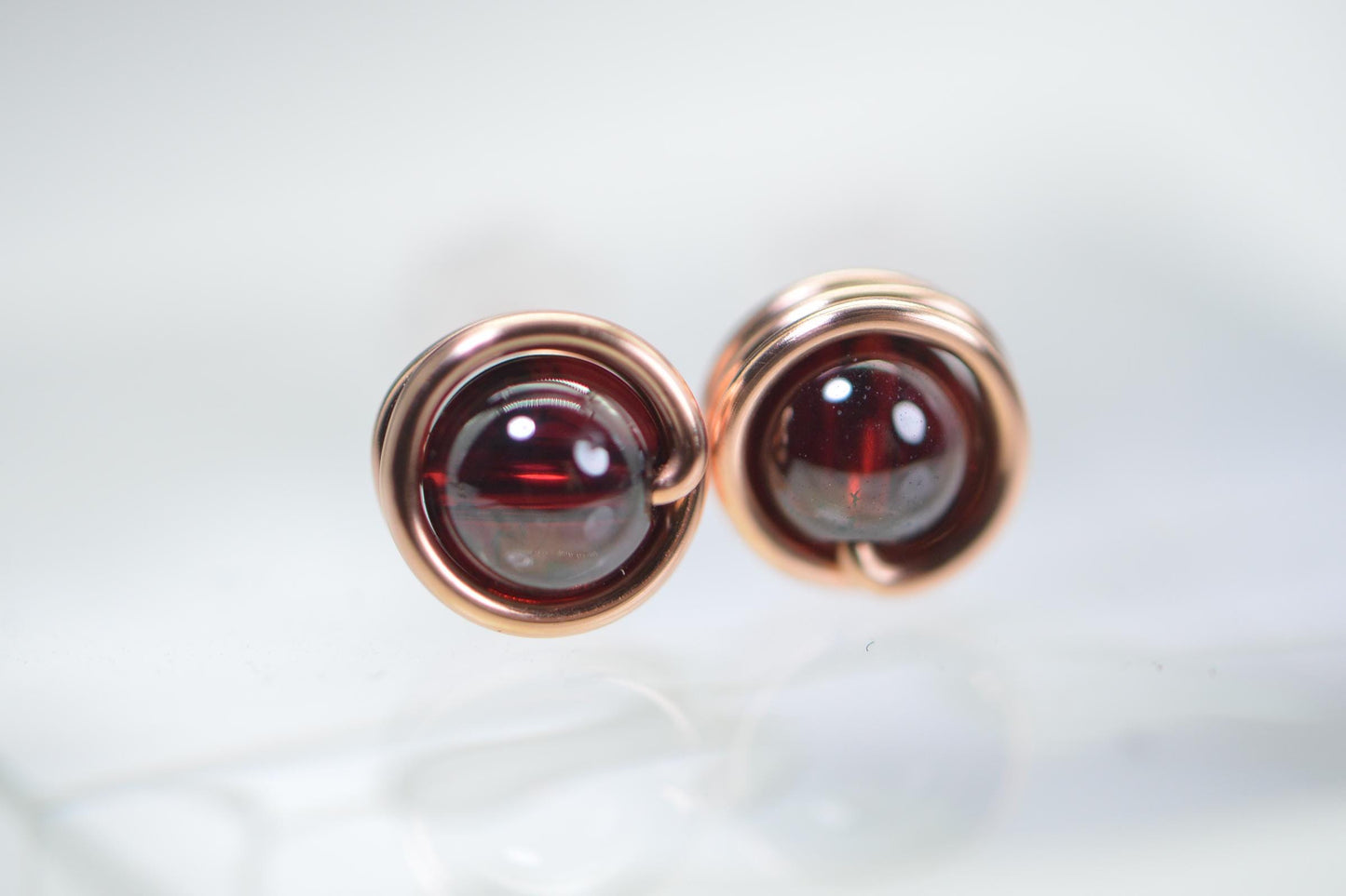 Handmade Copper Wire Wrapped Garnet Stud Earrings: 5mm Gemstone