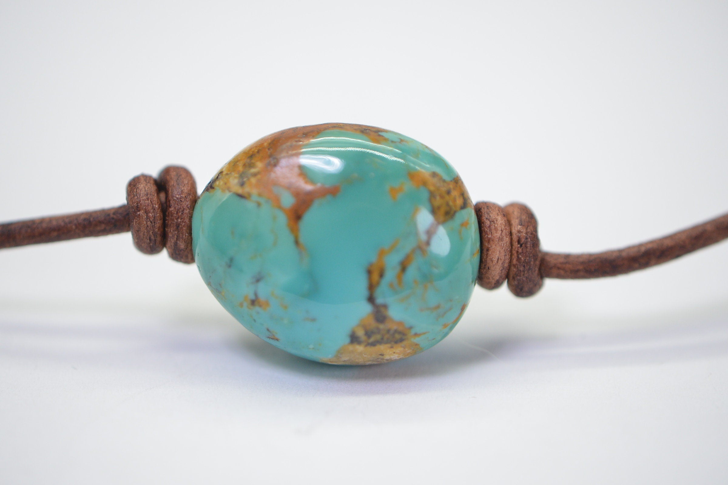 Natural  Kingman Turquoise Large Stone On Leather Choker  Necklace Single Bead Knotted