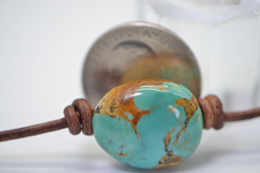 Natural  Kingman Turquoise Large Stone On Leather Choker  Necklace Single Bead Knotted