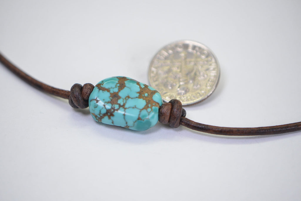 Turquoise Choker Necklace Single Large Stone  Kingdom Turquoise On Leather Cord