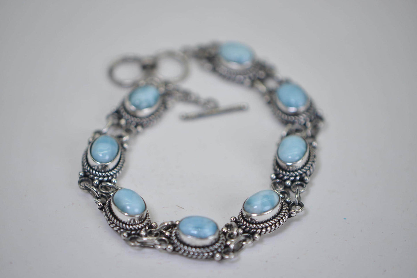 Larimar Bracelet  Solid  Sterling Silver Bezel Set Oval Stone Natural Gemstone Bracelet