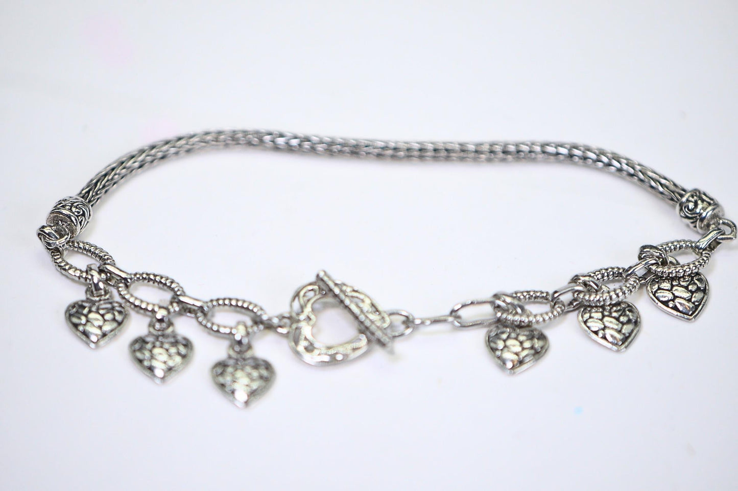 Sterling Silver Heart Charm Bracelet: Viking Weave Dangle Bracelet
