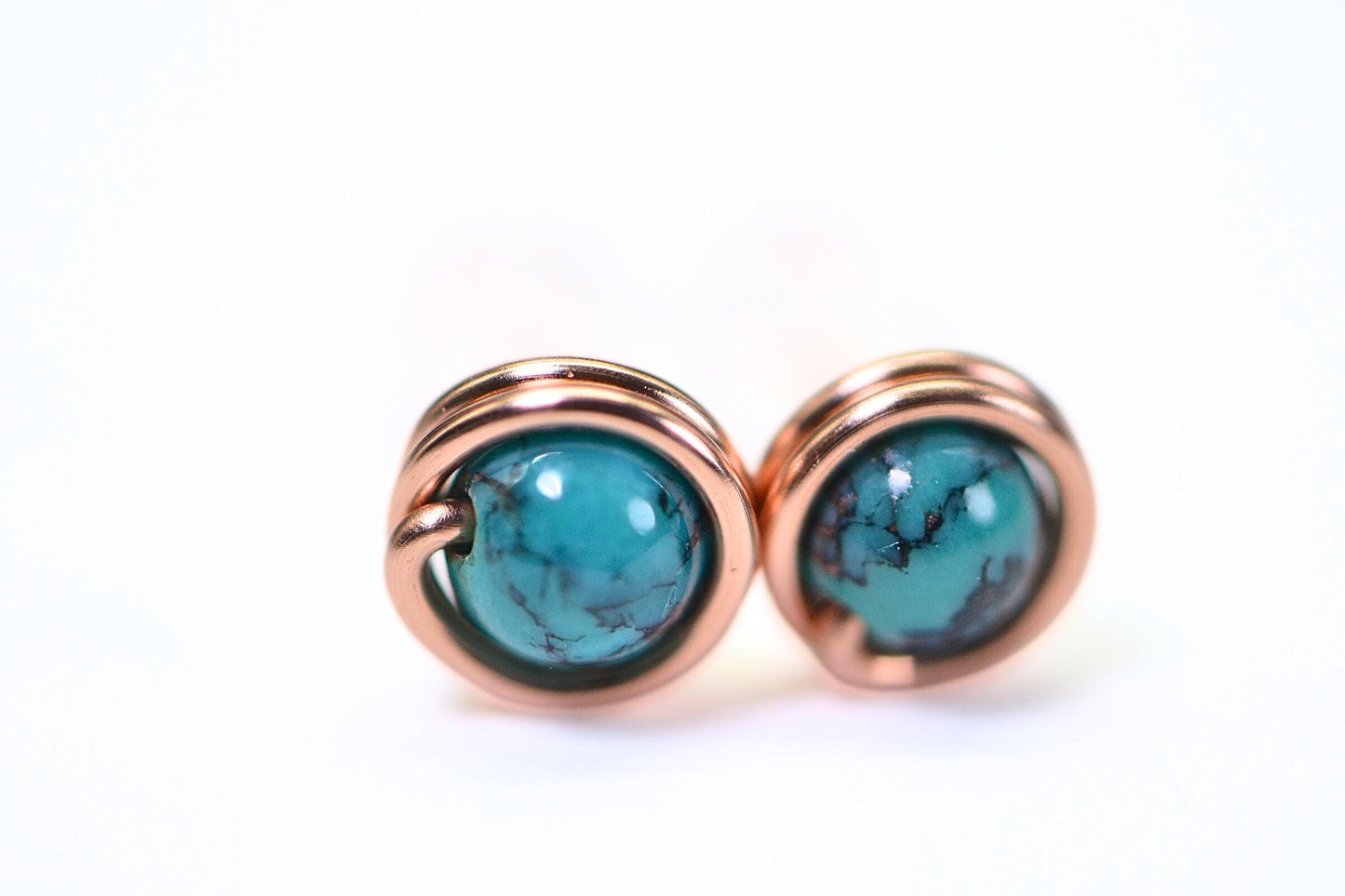 Genuine Turquoise Stud Earrings, Solid Copper Wire Wrapped, 6mm