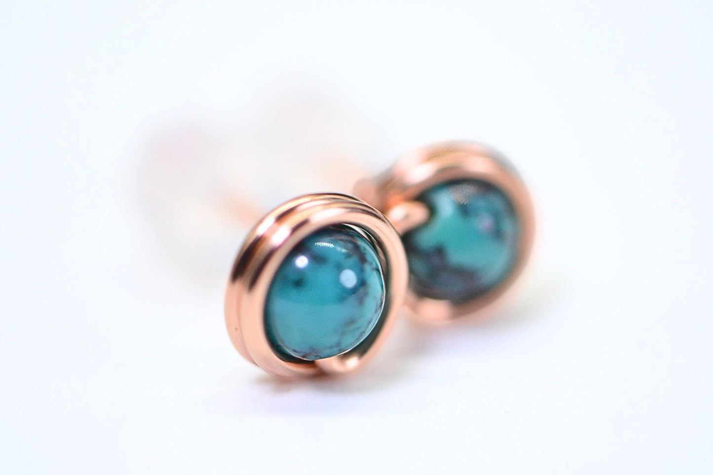 Genuine Turquoise Stud Earrings, Solid Copper Wire Wrapped, 6mm