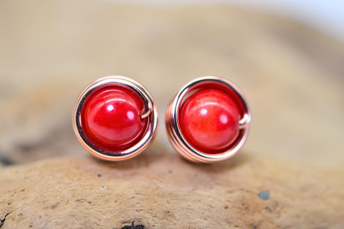 Red Coral Stud Earrings Wire Wrapped Solid Copper Tiny Post Earrings