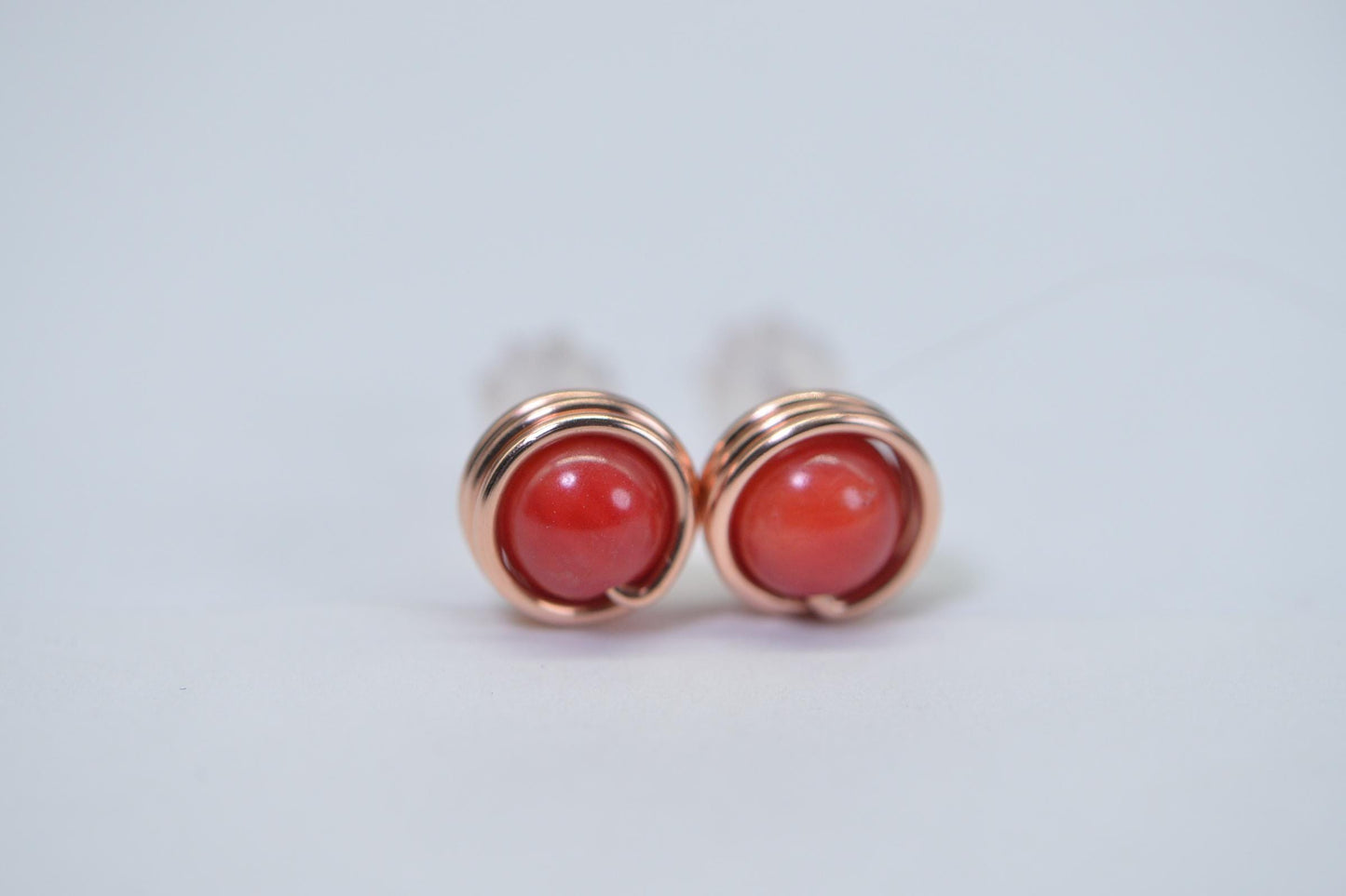Red Coral Stud Earrings Wire Wrapped Solid Copper Tiny Post Earrings
