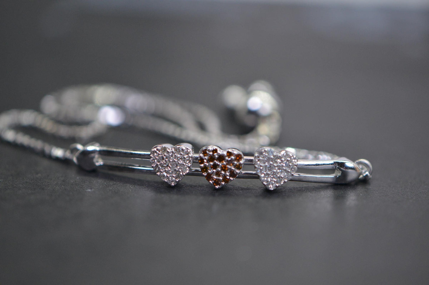 Diamond Three Heart Bracelet: 14k White Gold over Sterling Silver
