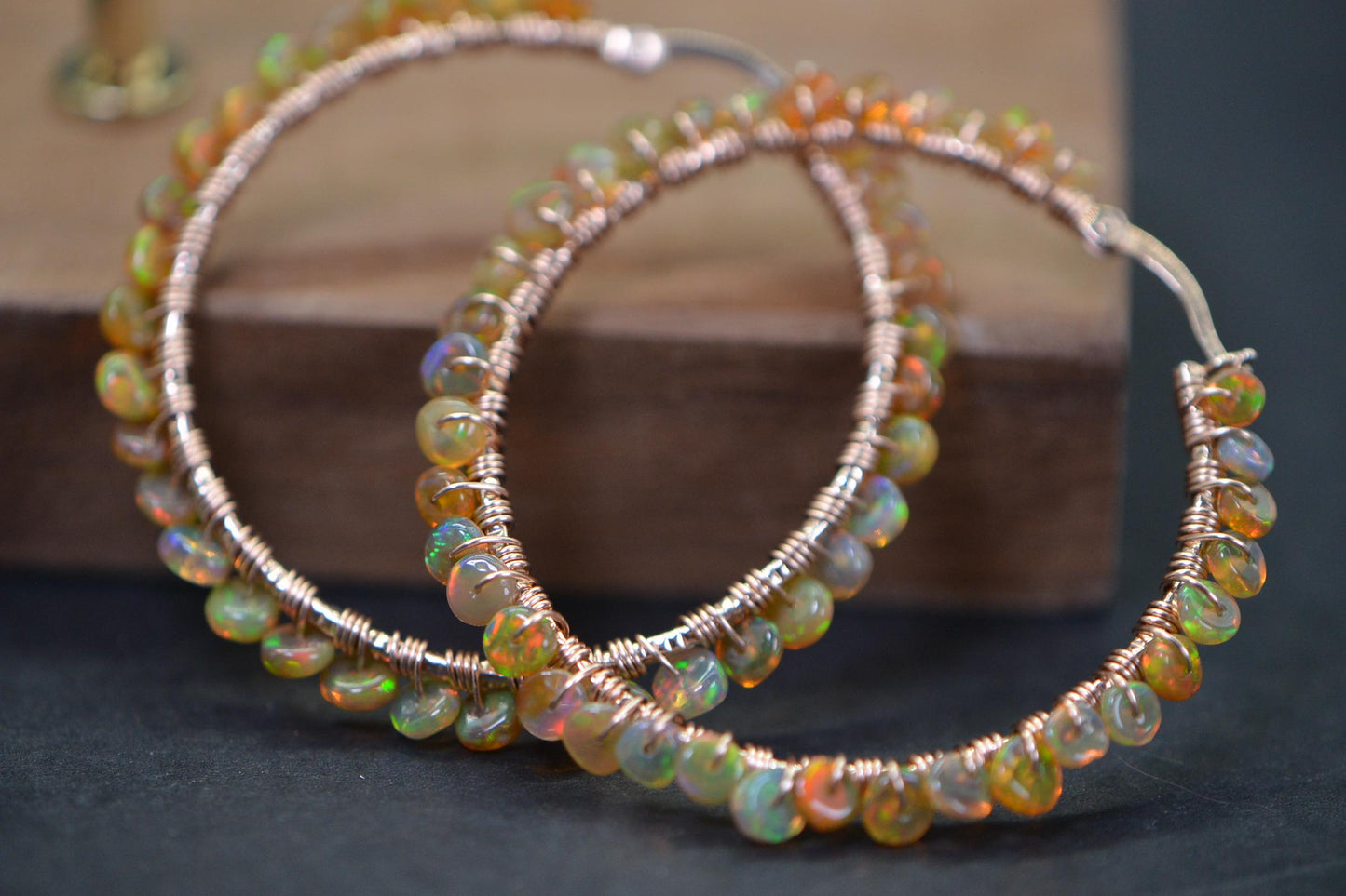 Ethiopian Opal Hoop Earrings: 14K Rose Gold Filled Wire Wrapped Gemstone