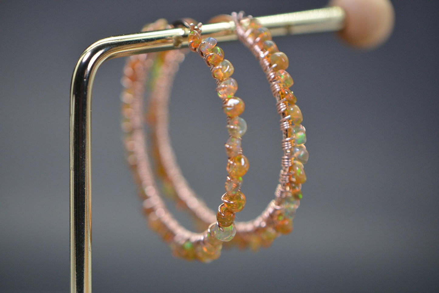 Ethiopian Opal Hoop Earrings: 14K Rose Gold Filled Wire Wrapped Gemstone