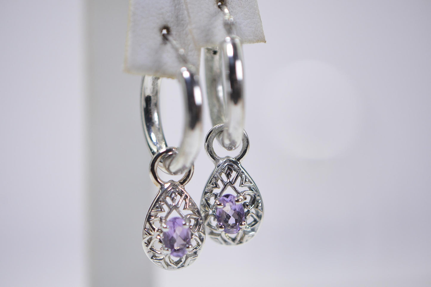 Amethyst Hoop Earrings: Sterling Silver Dangle Charm, Purple Crystal
