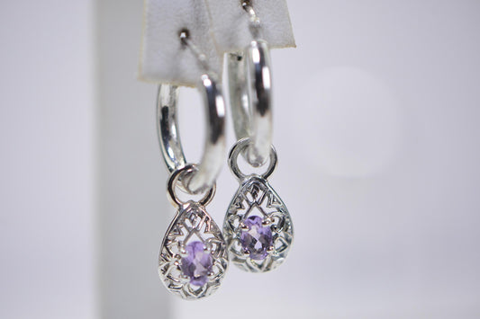 Amethyst Hoop Earrings: Sterling Silver Dangle Charm, Purple Crystal