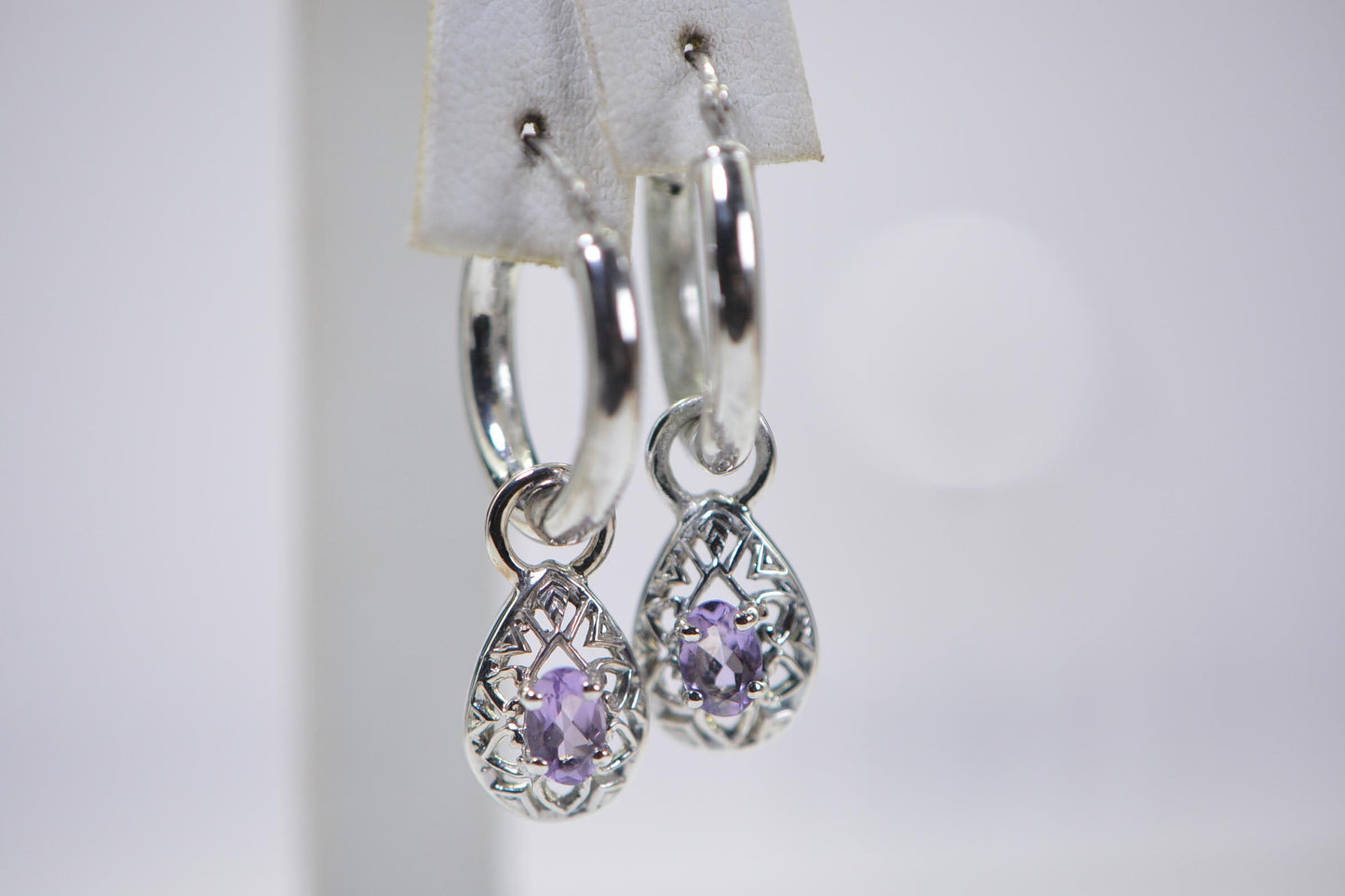 Amethyst Hoop Earrings: Sterling Silver Dangle Charm, Purple Crystal