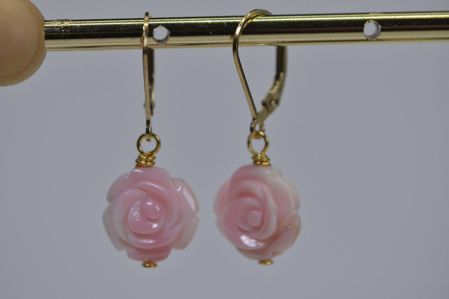 14K Gold Pink Conch Shell Rose Earrings: Carved Flower Gemstone