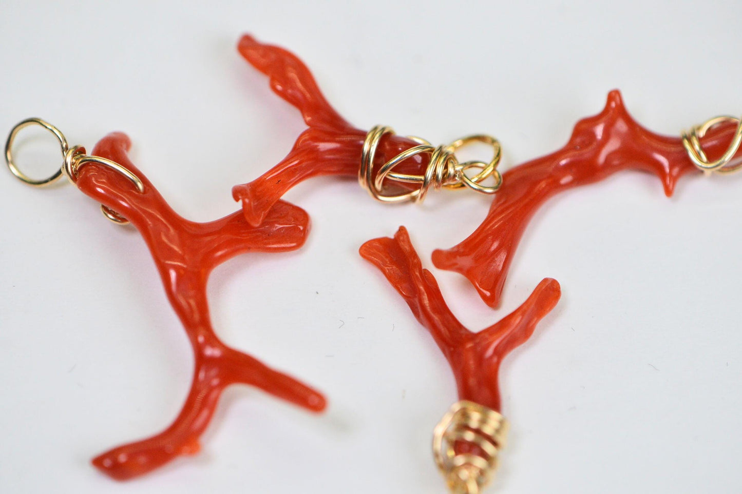 14K Gold Mediterranean Coral branch Red Orange Pendant Charm Minimalist Tiny Coral