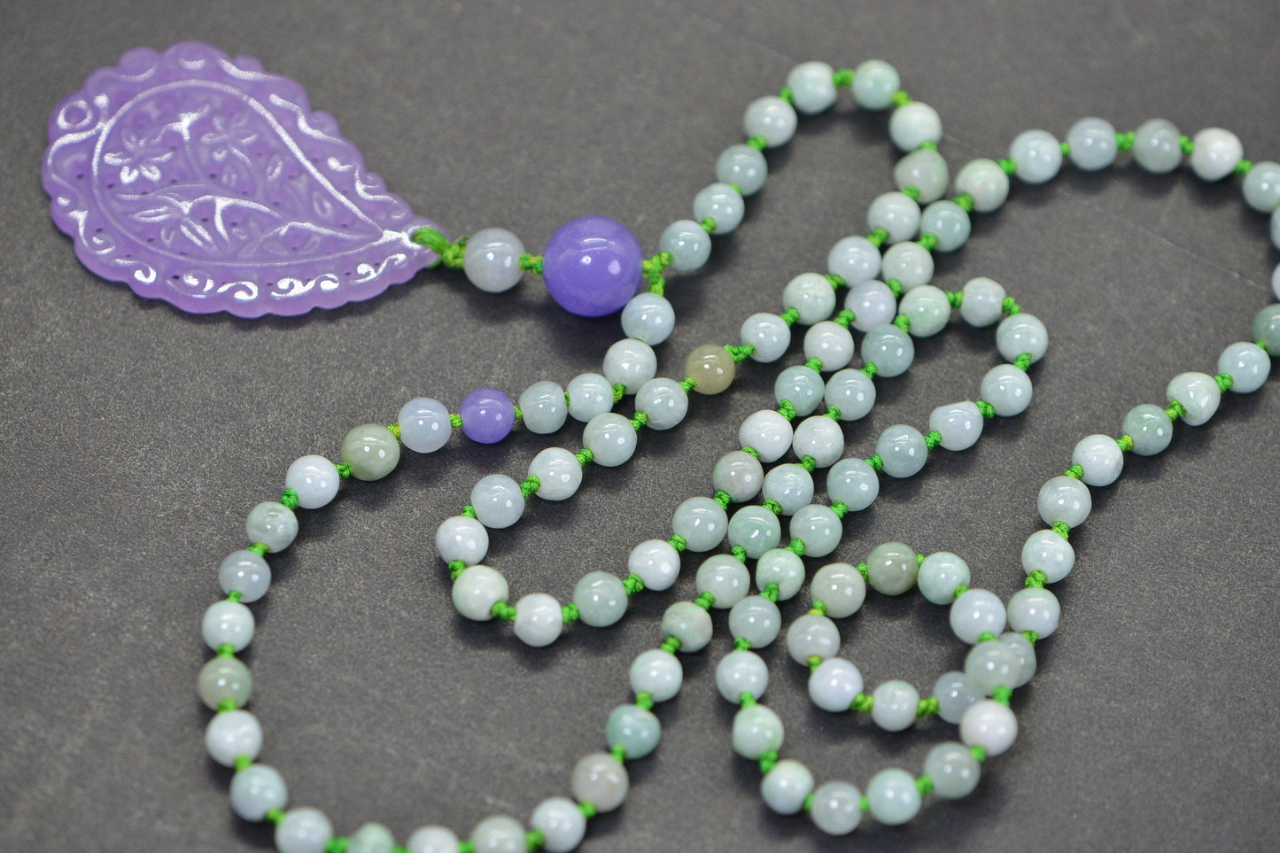 Carved Floral Purple Jade Pendant Necklace: Burma Green Jade Knotted Lariat, 26 inch