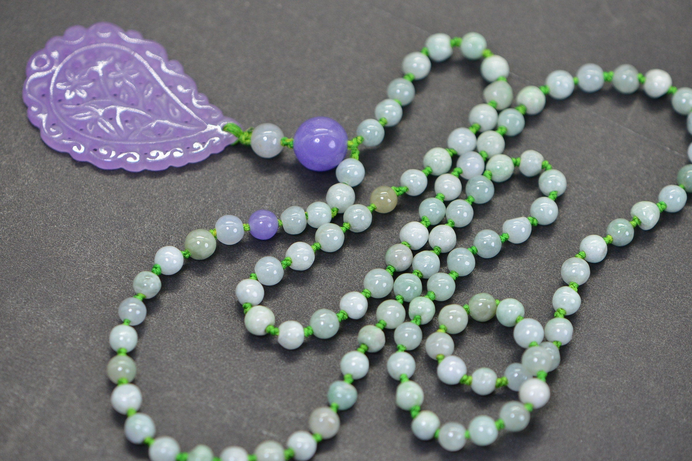 Carved Floral Purple Jade Pendant Necklace: Burma Green Jade Knotted Lariat, 26 inch