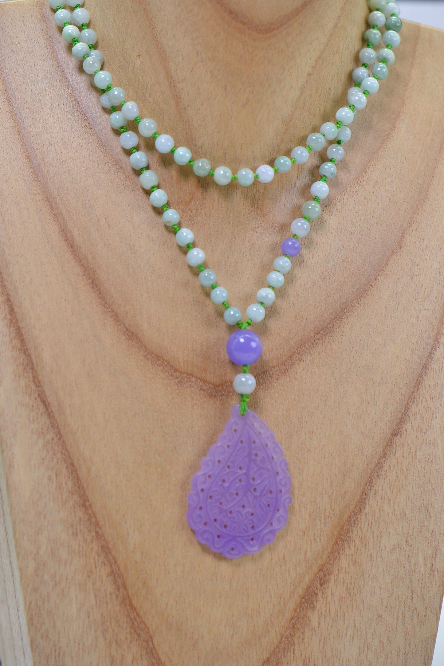 Carved Floral Purple Jade Pendant Necklace: Burma Green Jade Knotted Lariat, 26 inch