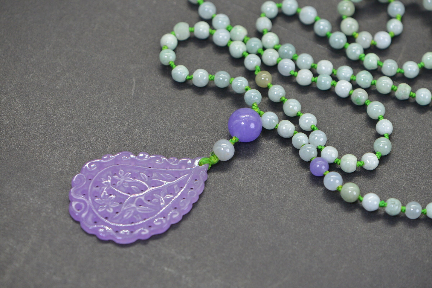 Carved Floral Purple Jade Pendant Necklace: Burma Green Jade Knotted Lariat, 26 inch