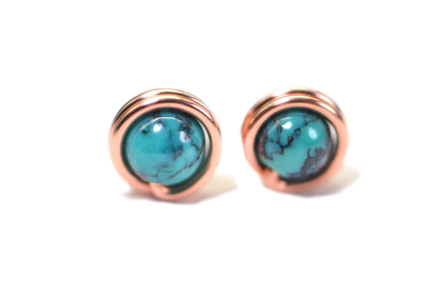 Handmade Copper Wire Wrapped Turquoise Stud Earrings