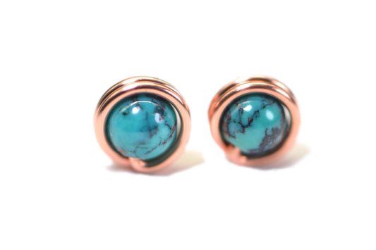 Handmade Copper Wire Wrapped Turquoise Stud Earrings
