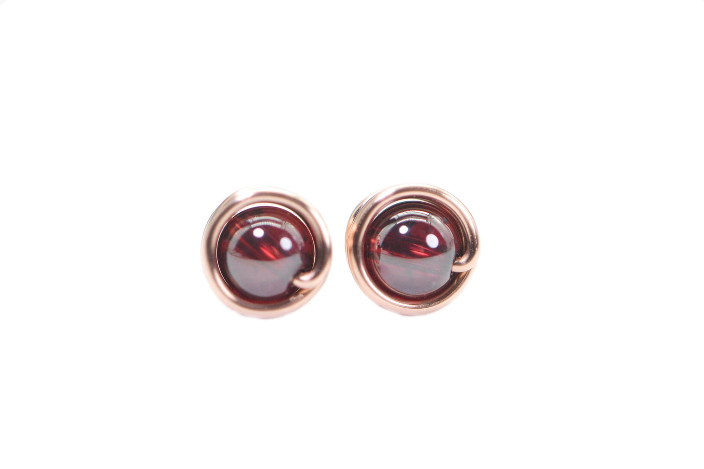Handmade Copper Wire Wrapped Garnet Stud Earrings: 5mm Gemstone