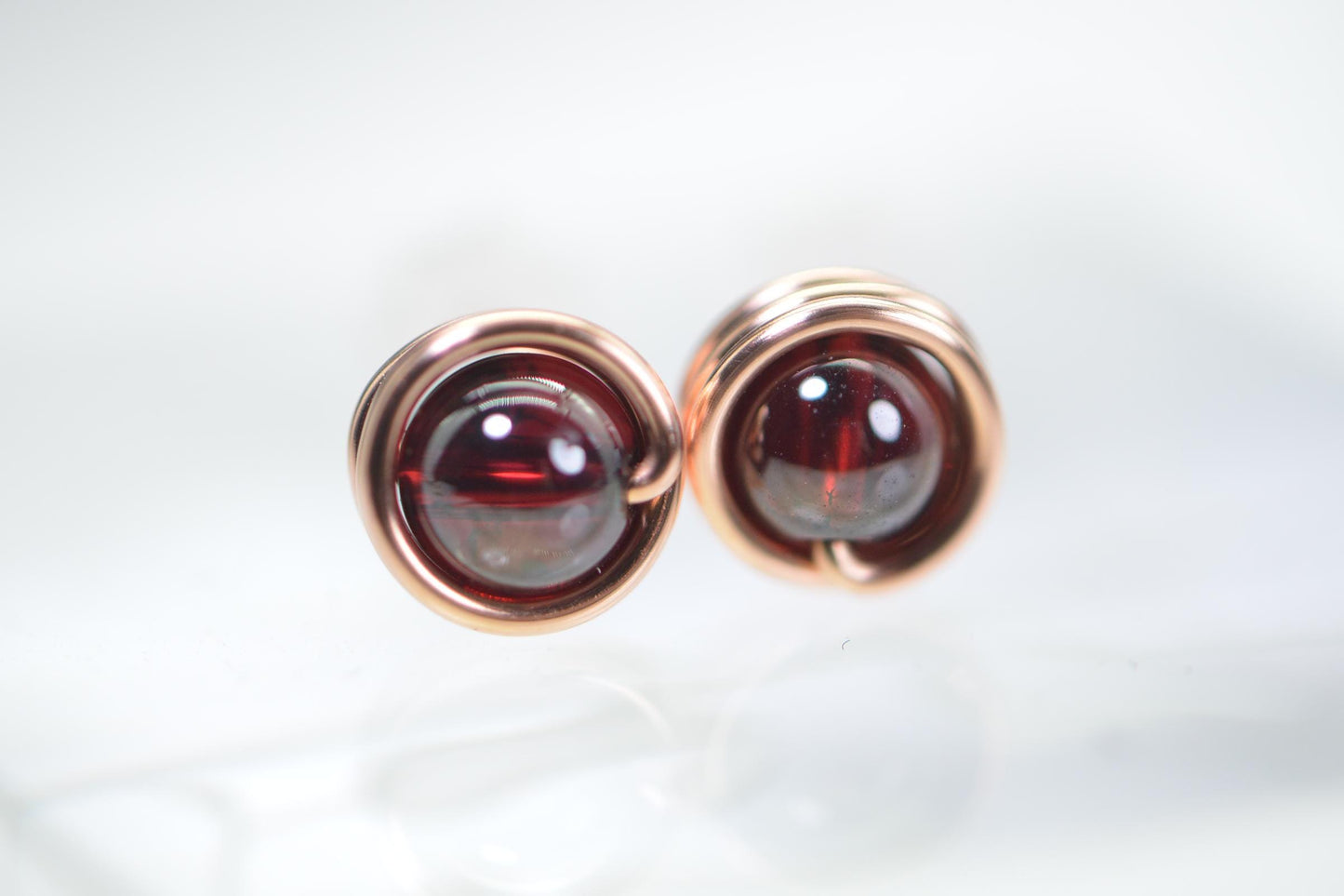 Handmade Copper Wire Wrapped Garnet Stud Earrings: 5mm Gemstone