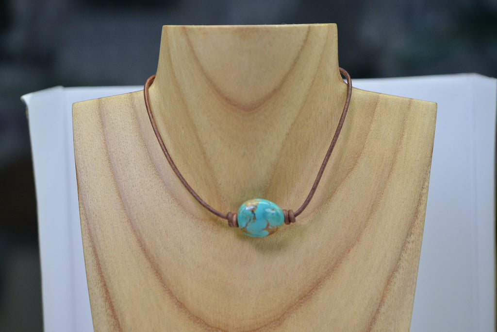 Natural  Kingman Turquoise Large Stone On Leather Choker  Necklace Single Bead Knotted