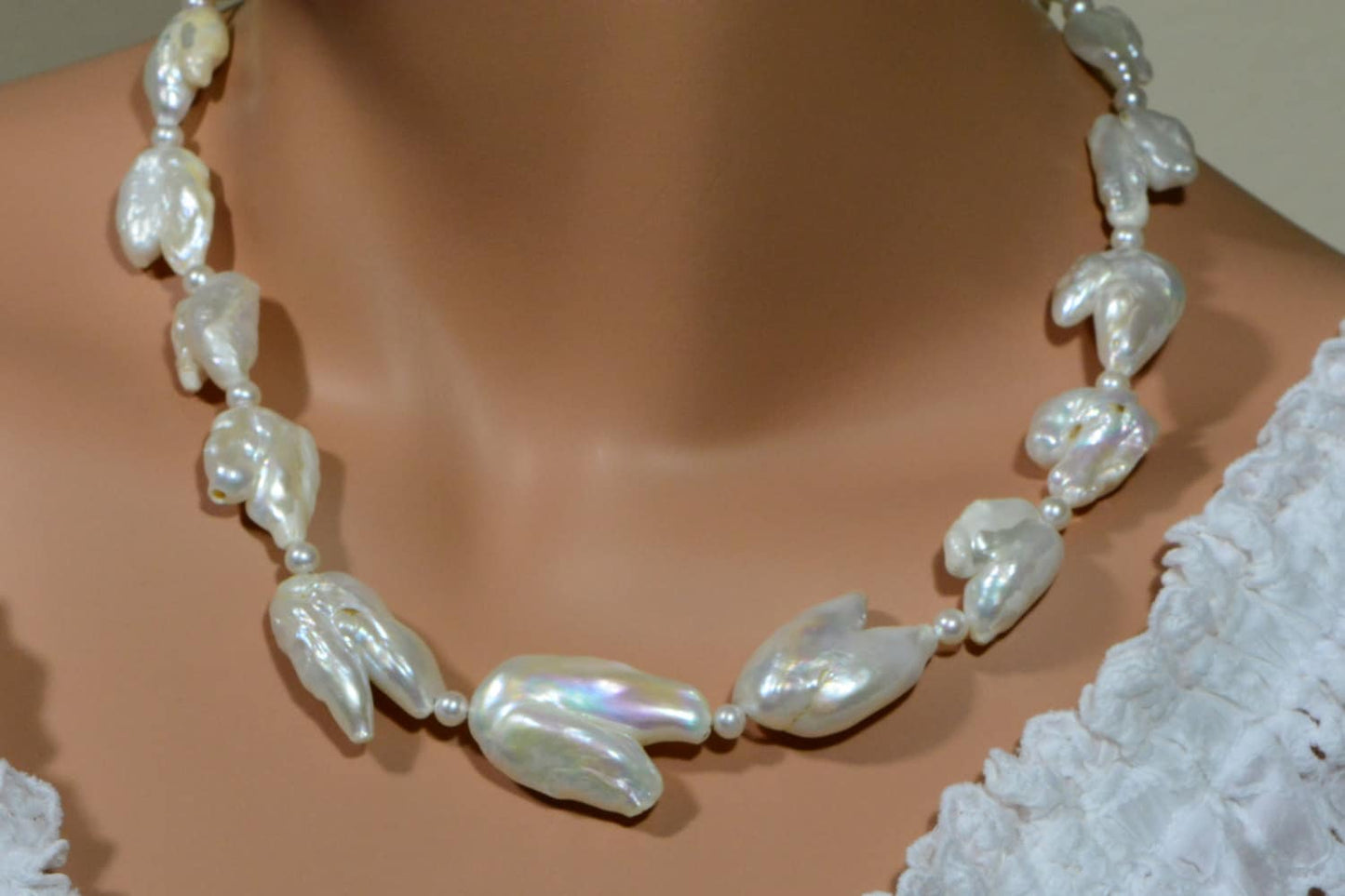 Biwa Pearl Necklace, Baroque Gemstone Necklace, 925 Silver Clasp
