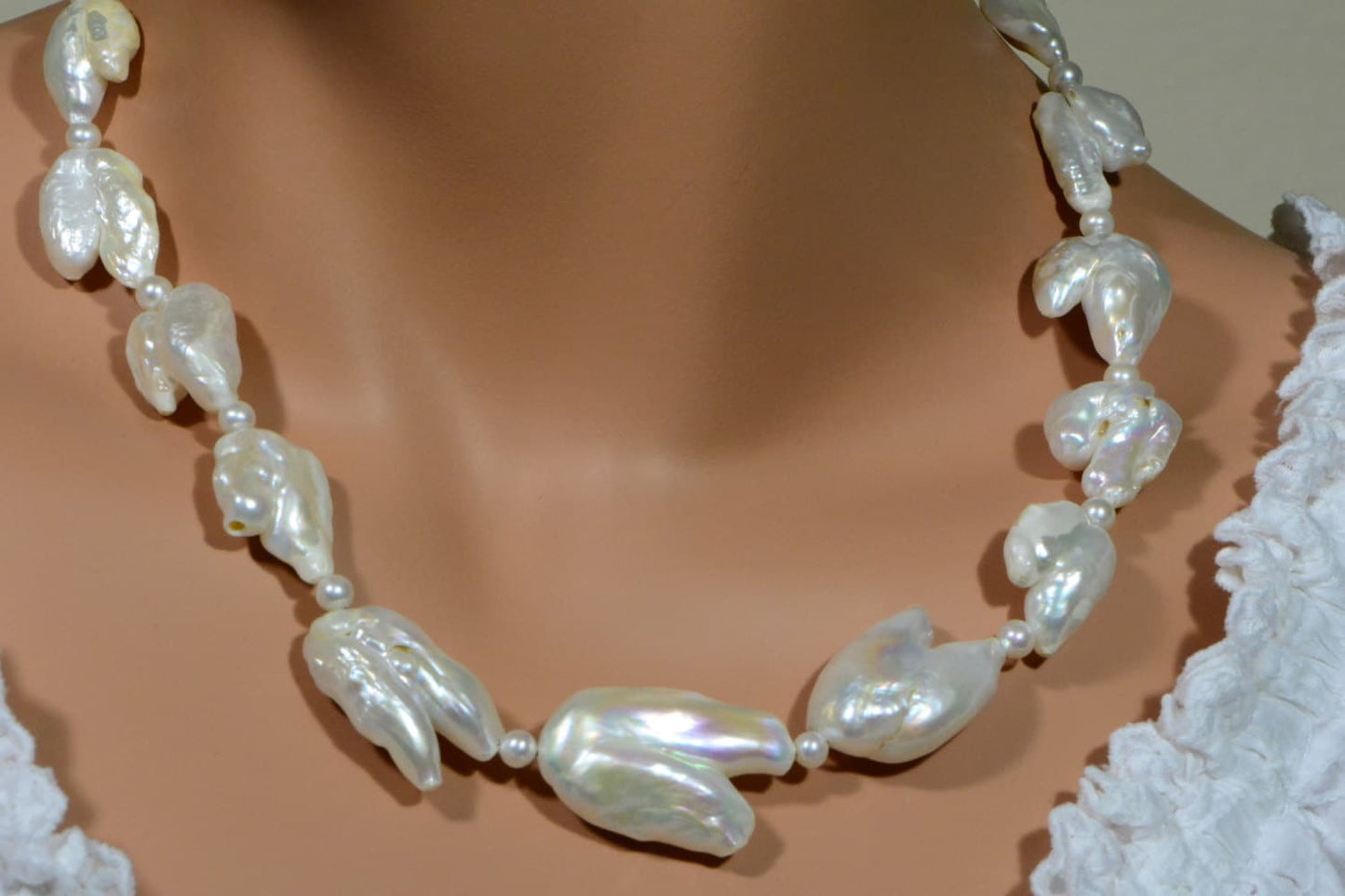 Biwa Pearl Necklace, Baroque Gemstone Necklace, 925 Silver Clasp