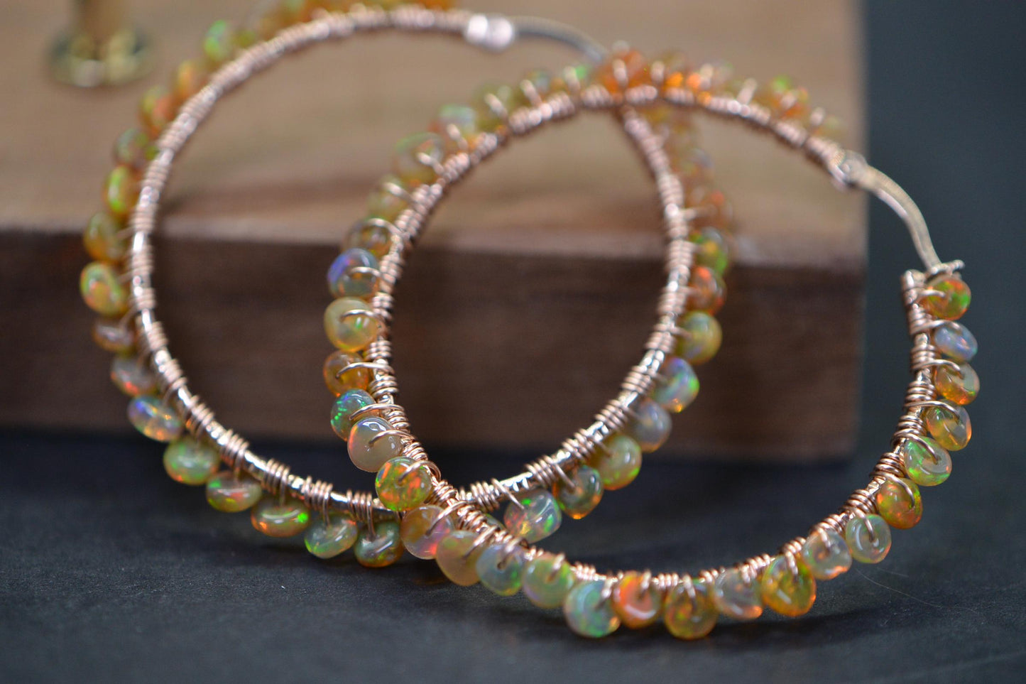 Ethiopian Opal Hoop Earrings: 14K Rose Gold Filled Wire Wrapped Gemstone