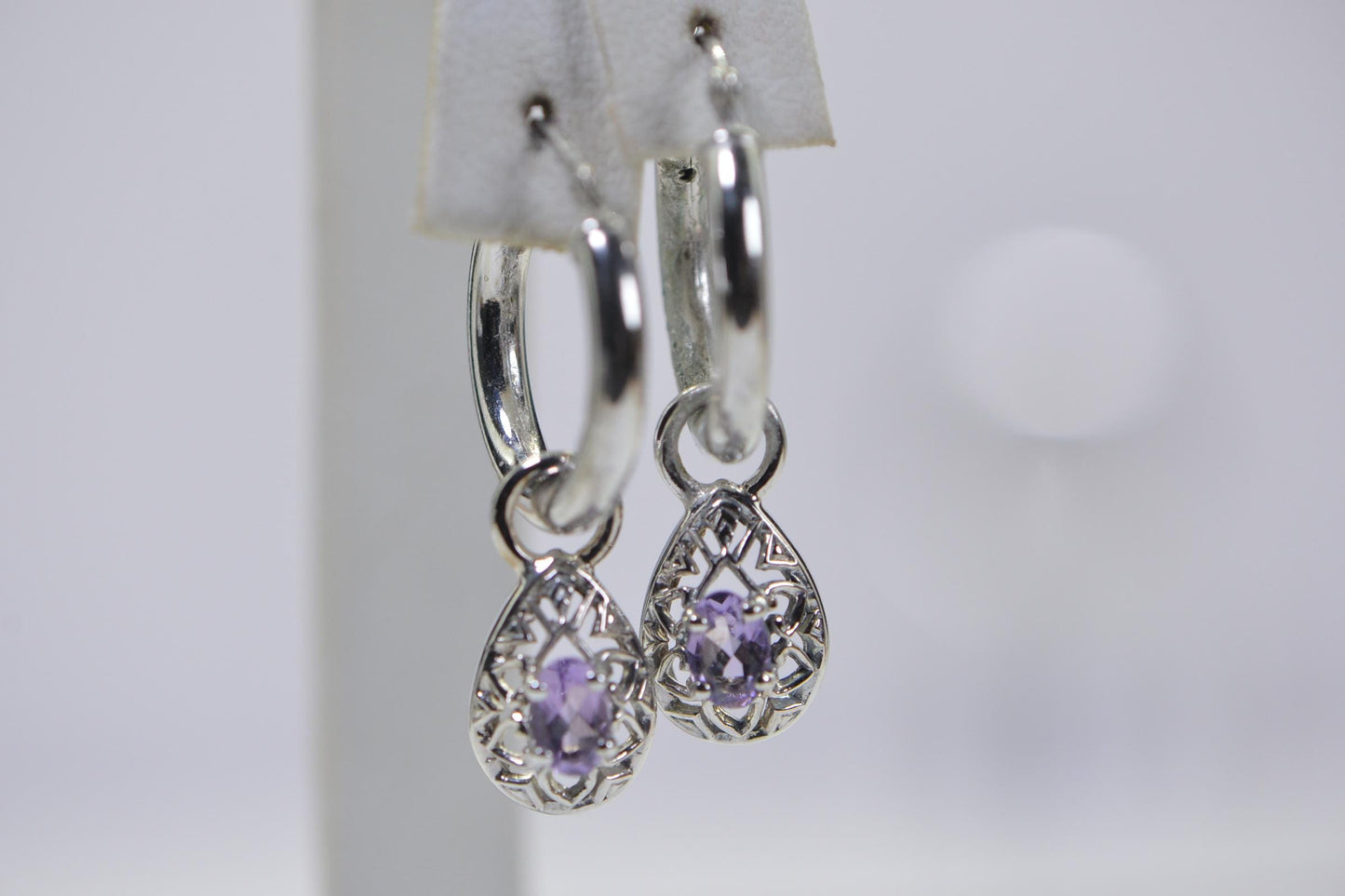 Amethyst Hoop Earrings: Sterling Silver Dangle Charm, Purple Crystal