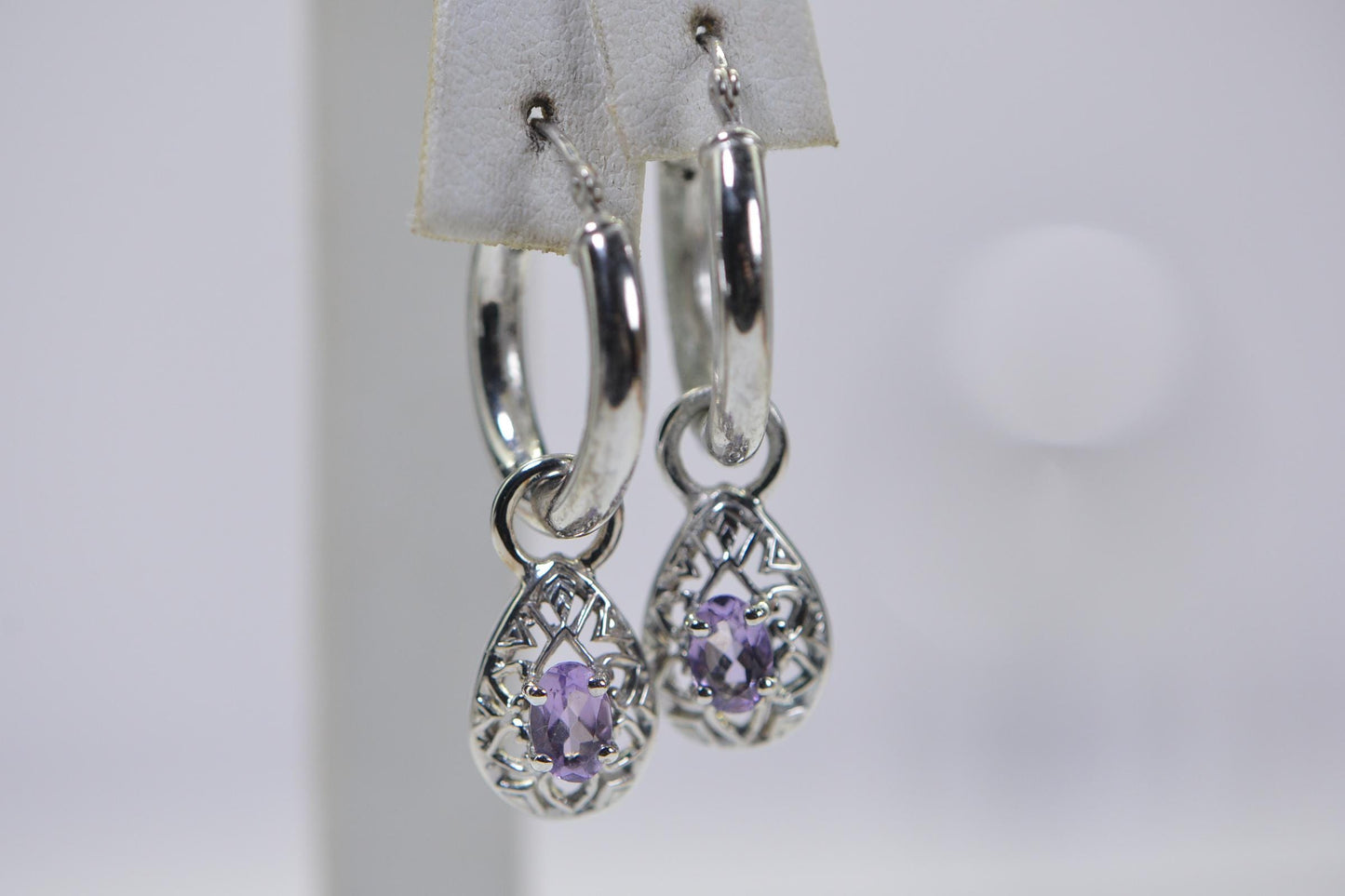Amethyst Hoop Earrings: Sterling Silver Dangle Charm, Purple Crystal
