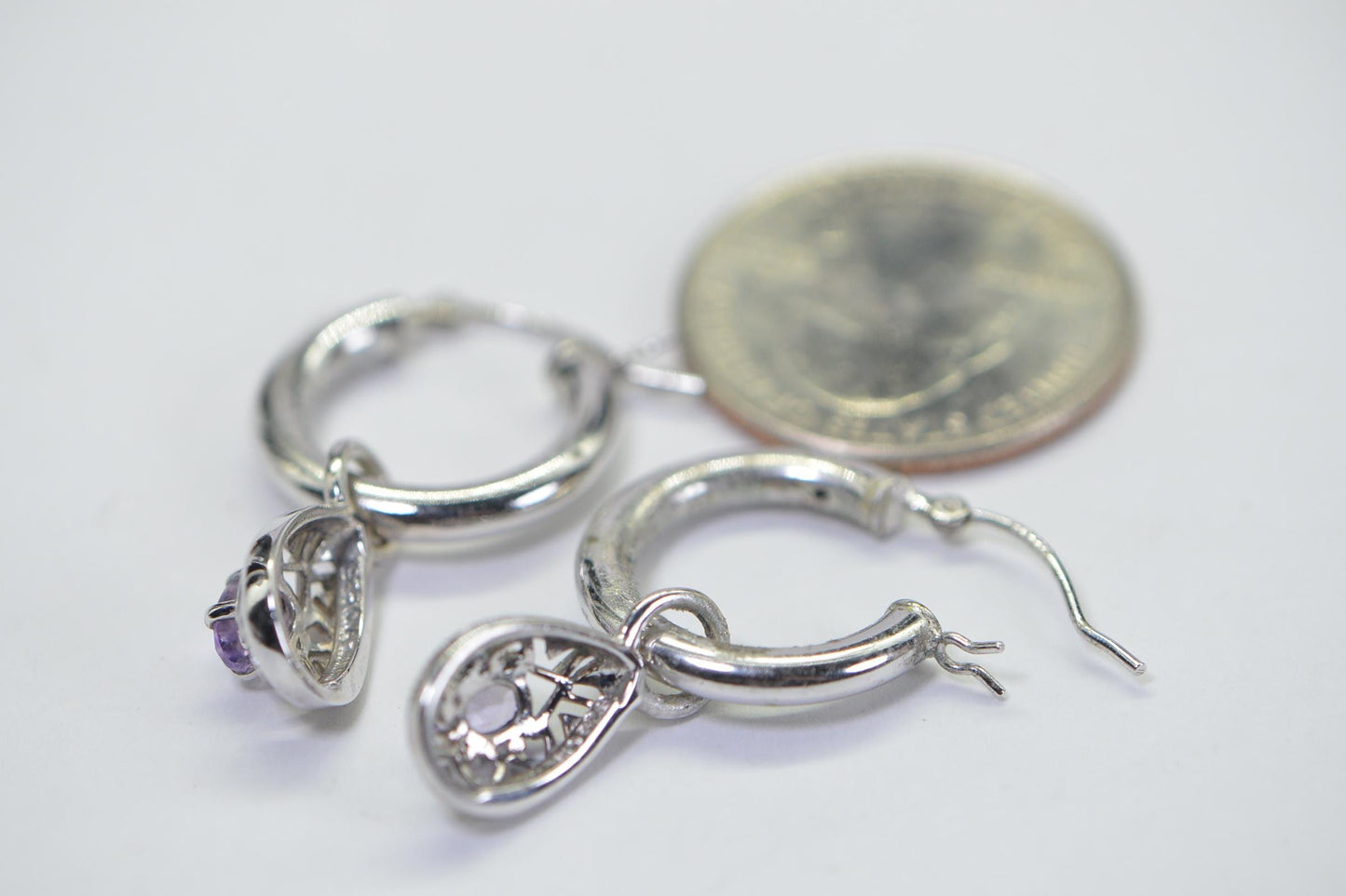 Amethyst Hoop Earrings: Sterling Silver Dangle Charm, Purple Crystal