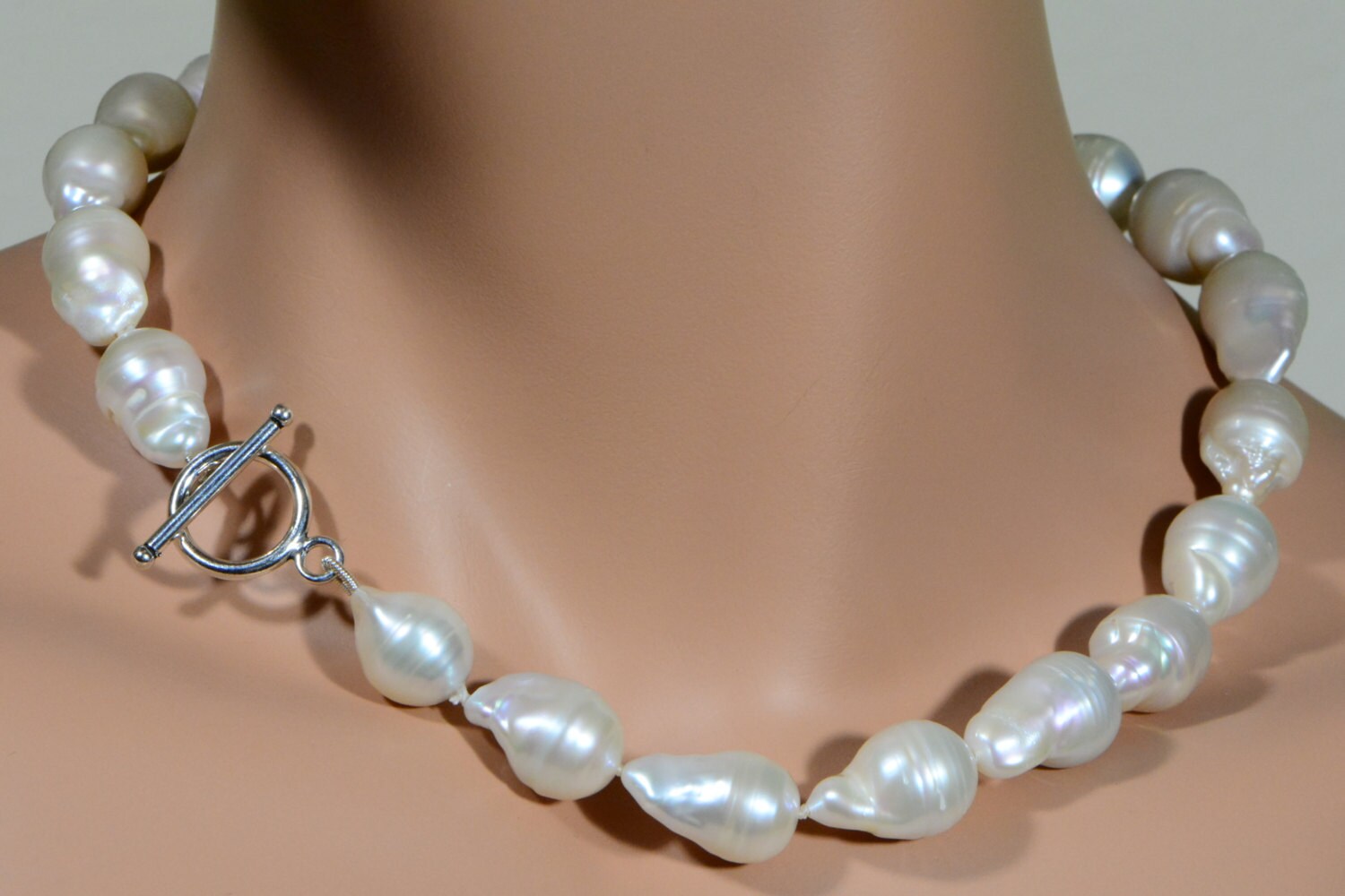 Large Baroque Pearl Necklace: Genuine Freshwater Pearl, Sterling Silver Clasp