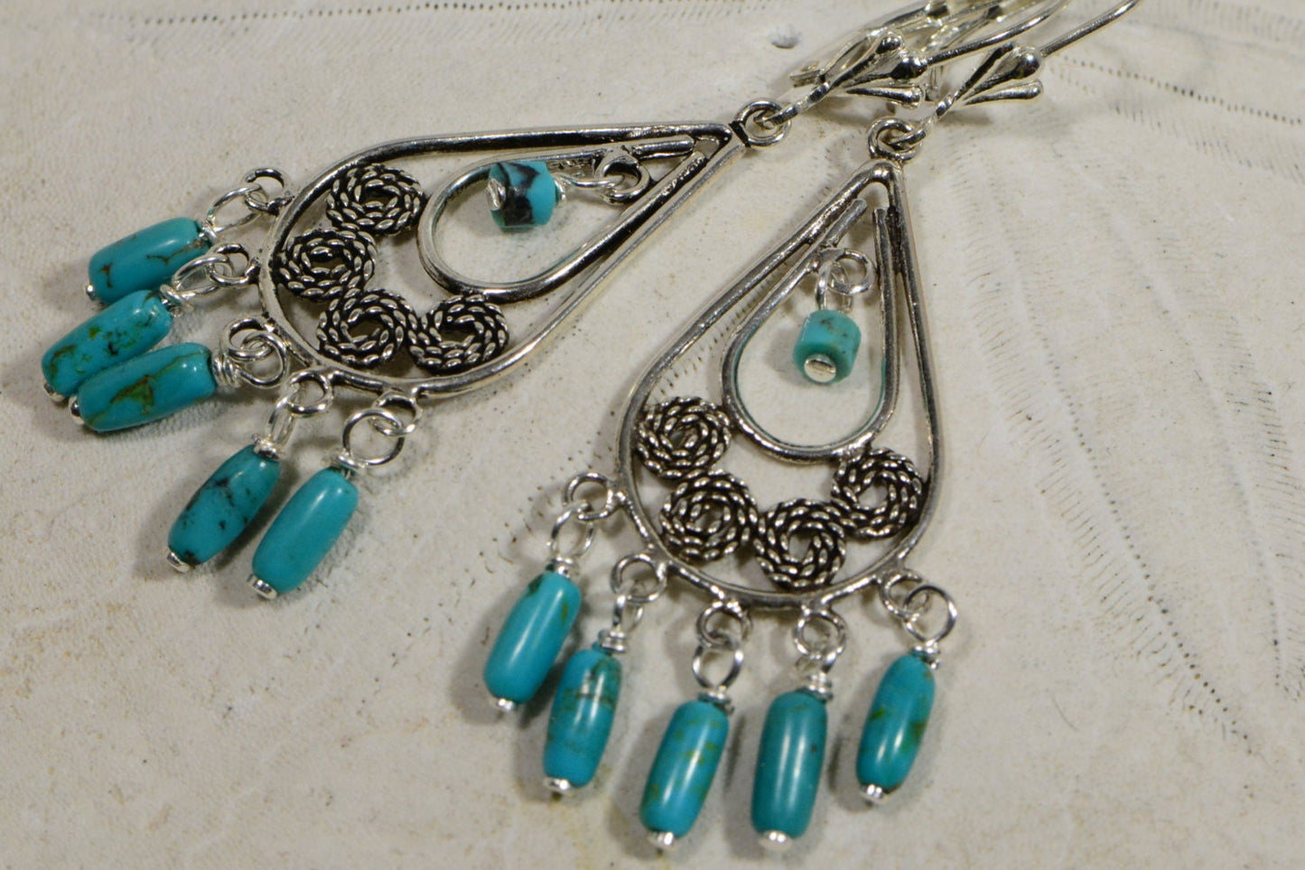 Nevada Turquoise Chandelier Earrings, Filigree Sterling Silver Jewelry