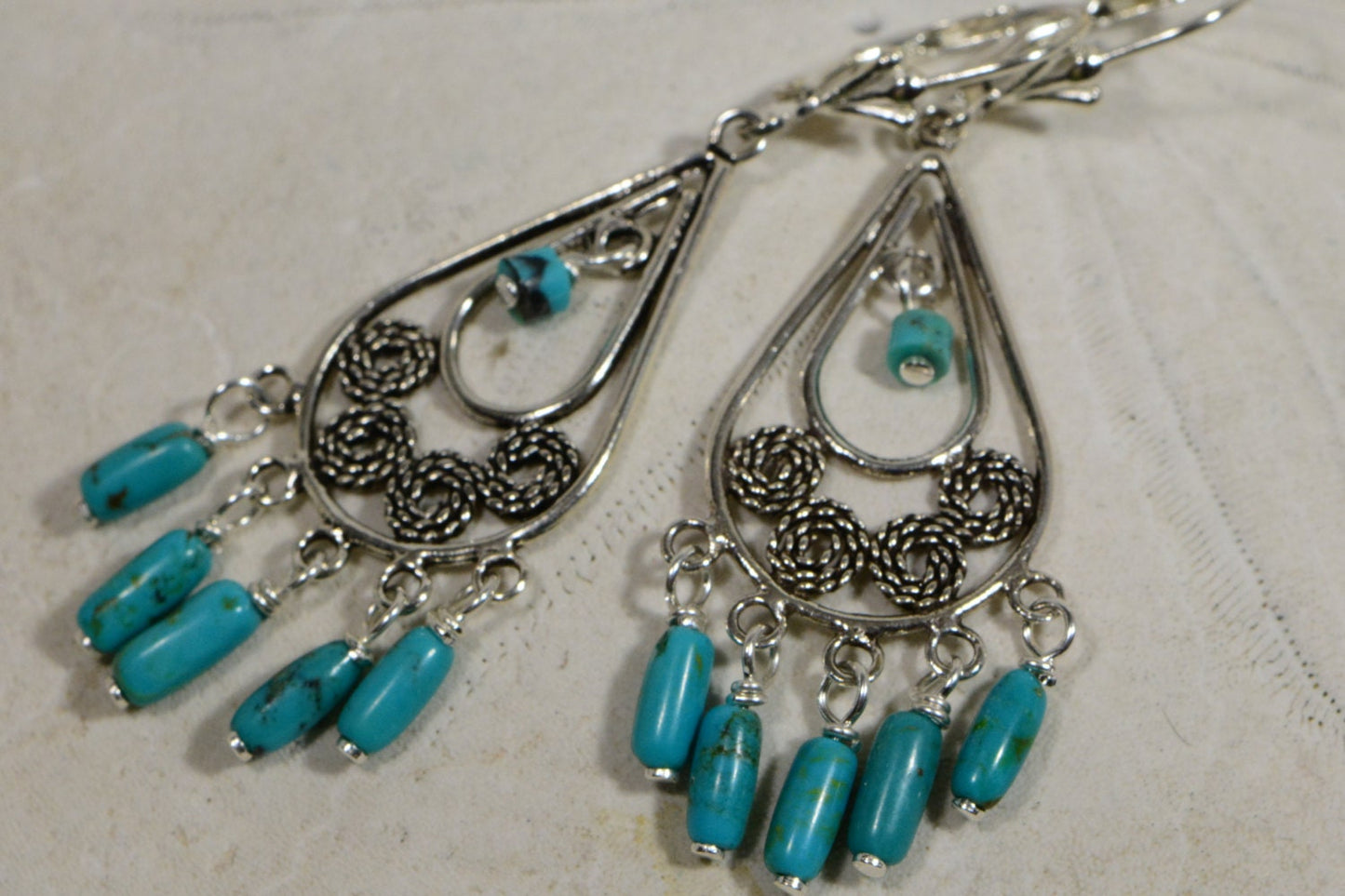Nevada Turquoise Chandelier Earrings, Filigree Sterling Silver Jewelry