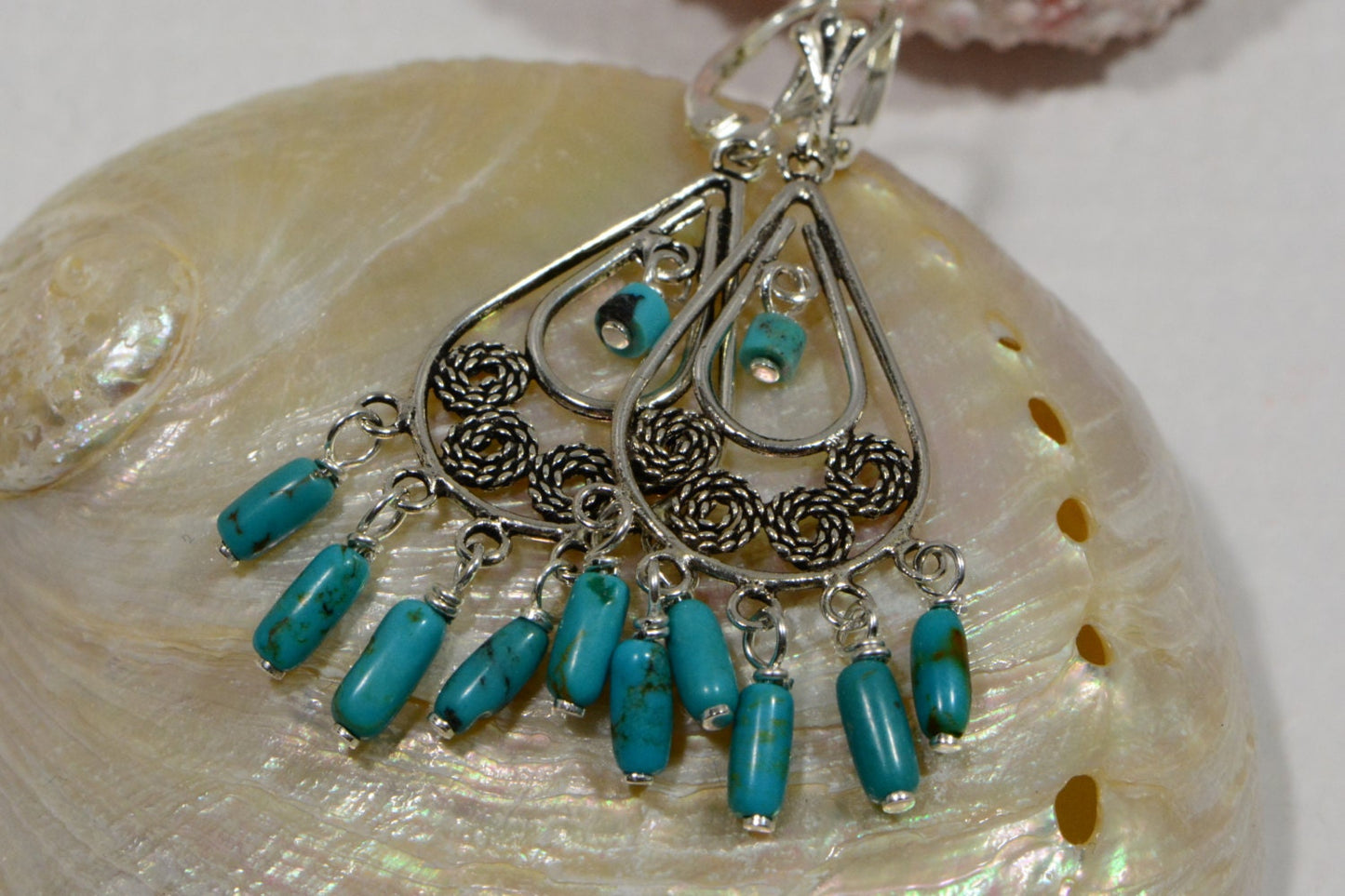 Nevada Turquoise Chandelier Earrings, Filigree Sterling Silver Jewelry