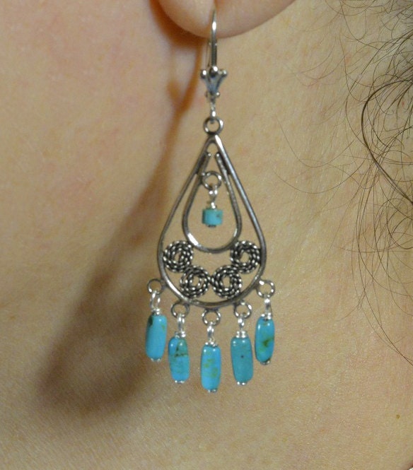 Nevada Turquoise Chandelier Earrings, Filigree Sterling Silver Jewelry