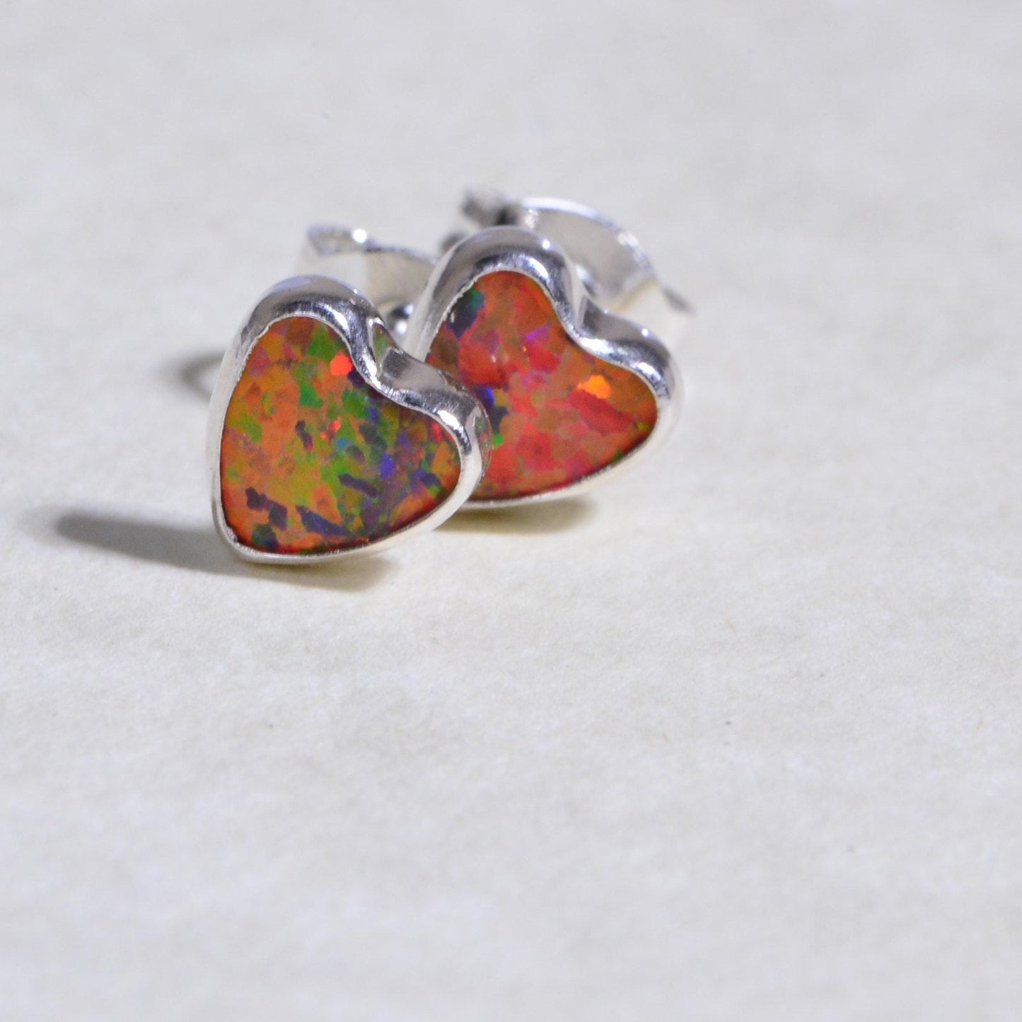 Fire Opal Stud Earrings: 925 Silver Orange Green Jewelry