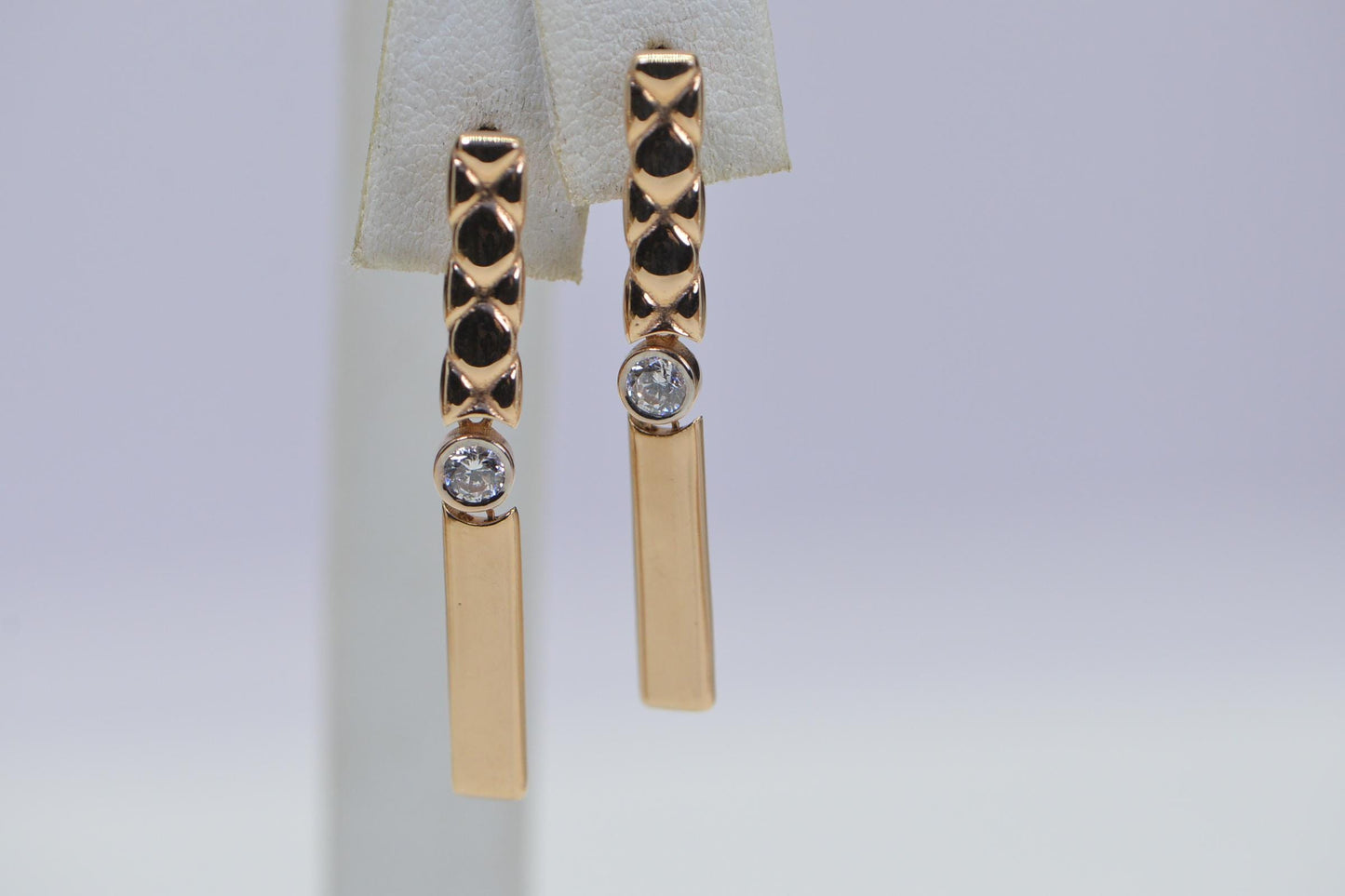585K Rose Gold Dangle Earrings: Geometric Simulated Diamond Drop