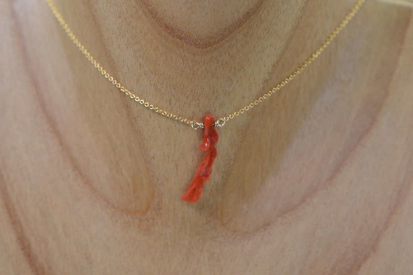 14K Gold Mediterranean Coral Necklace: Red Orange Branch Pendant