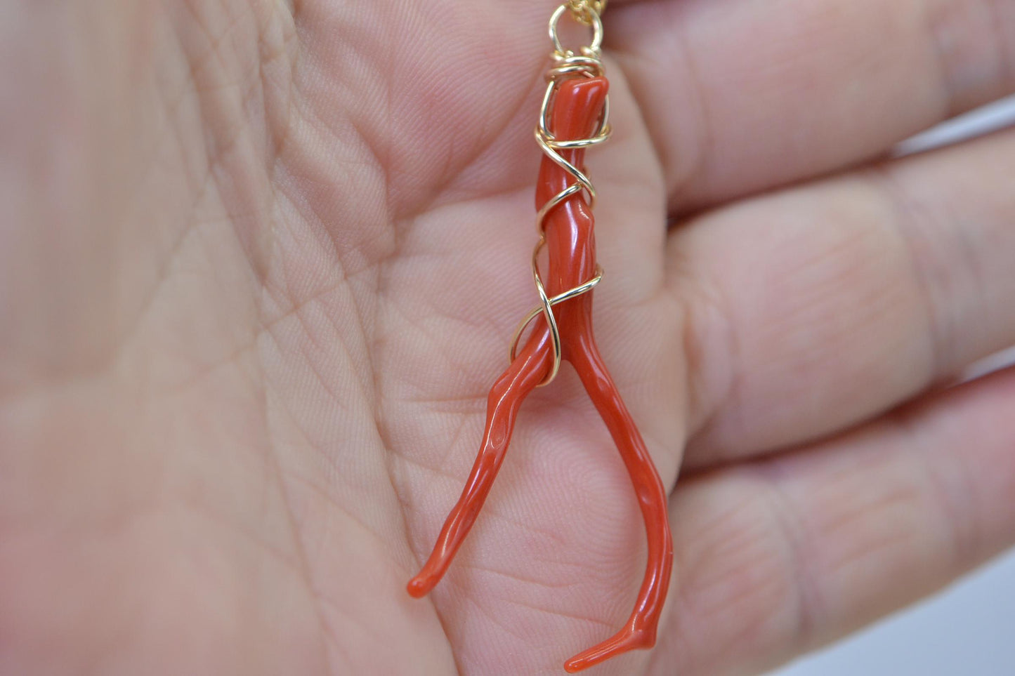 14K Gold Mediterranean Red Coral branch Large Wire Wrap