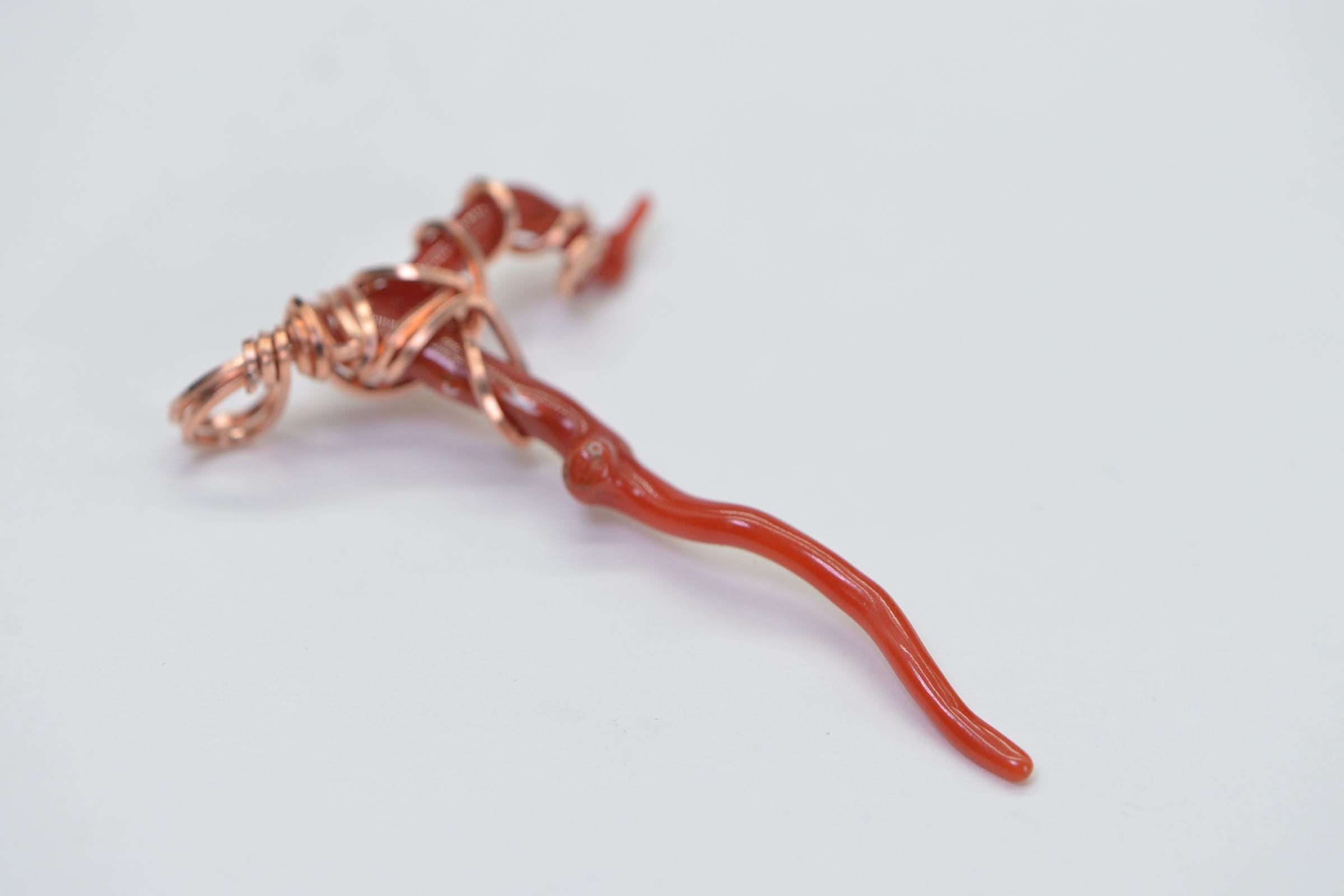 Red Coral Branch Pendant: Wire Wrapped Copper, Italian Coral Charm