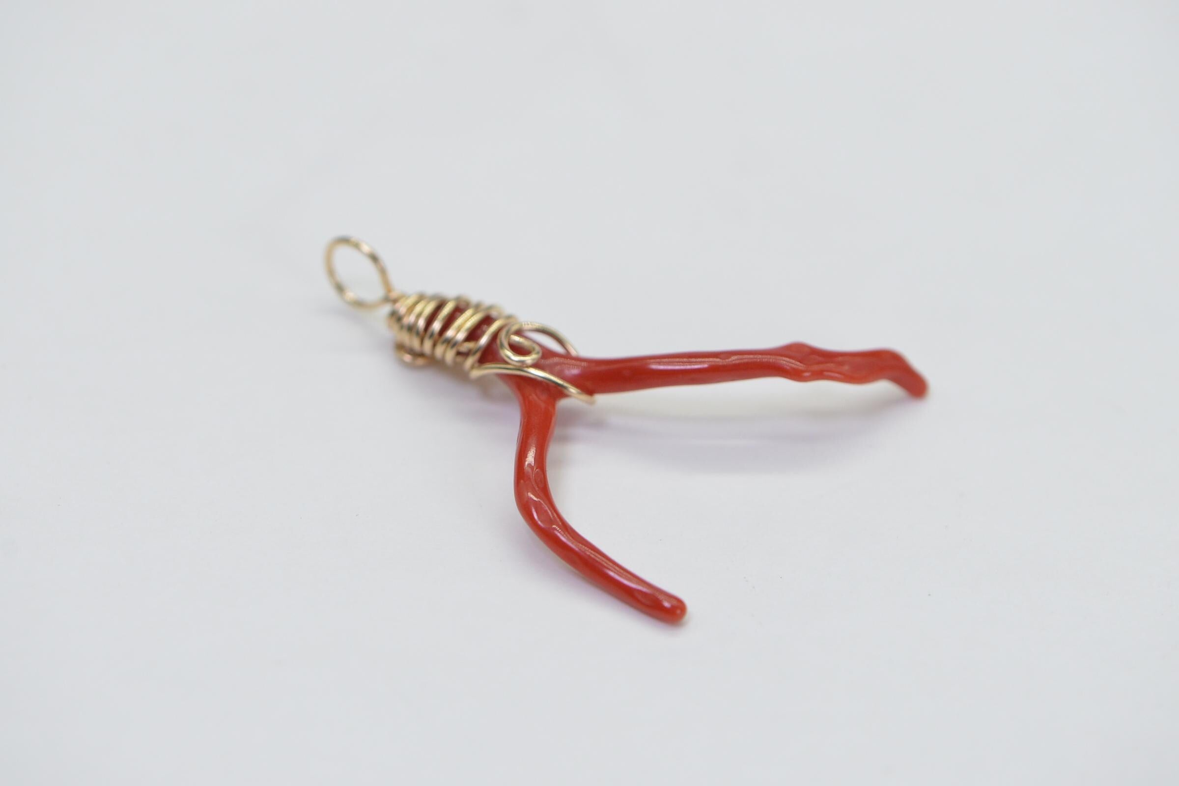 Red Coral Branch Pendant: 14K Gold Filled Wire Wrapped Italian Coral