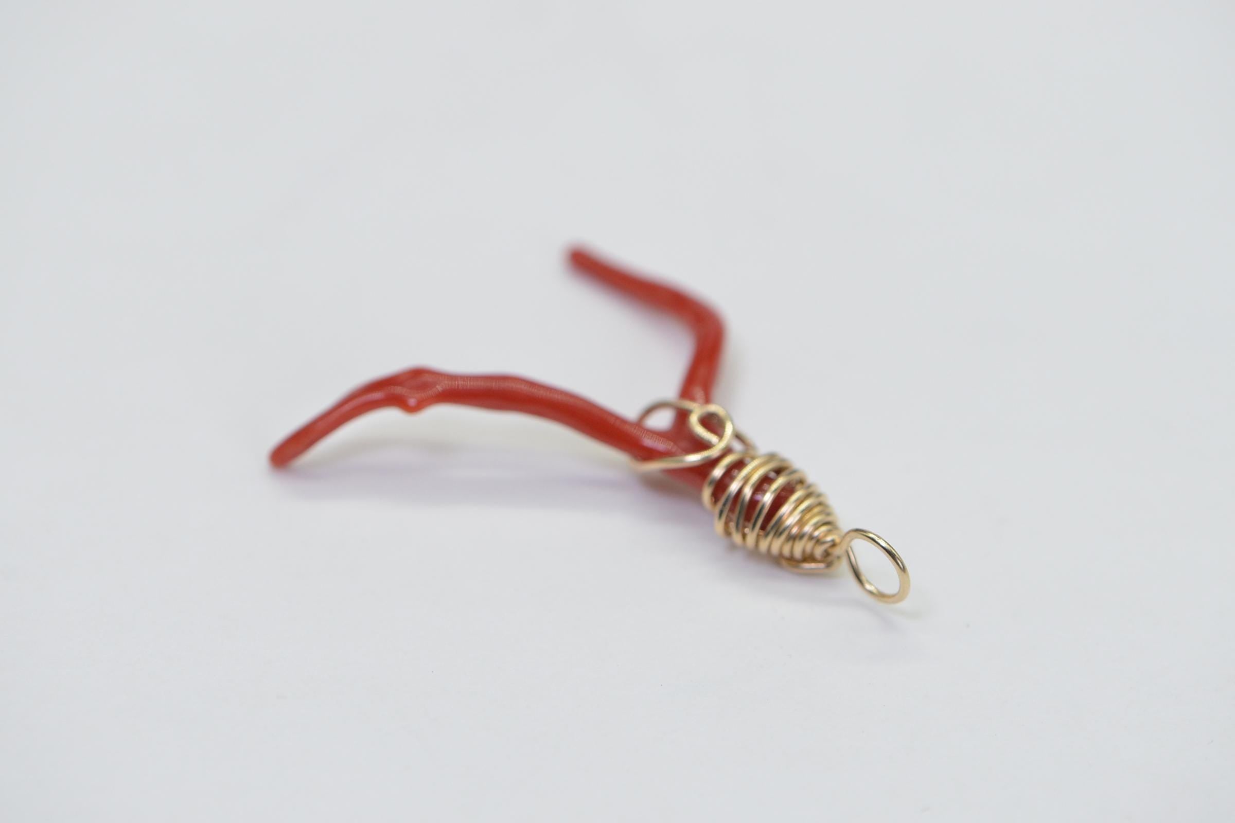 Red Coral Branch Pendant: 14K Gold Filled Wire Wrapped Italian Coral