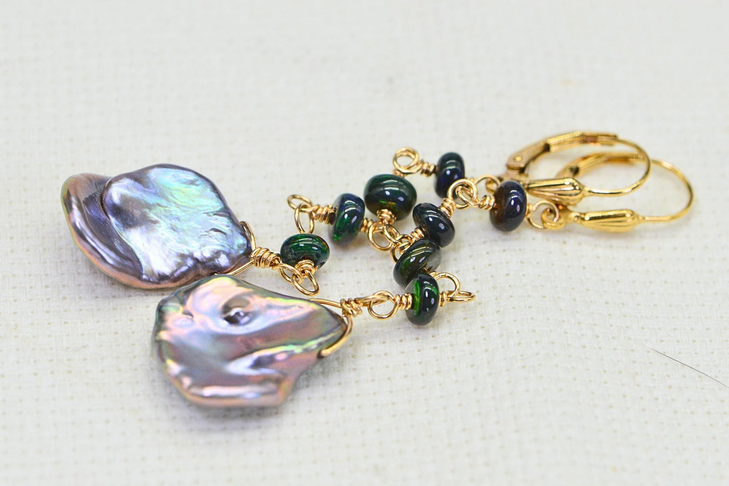 Ethiopian Opal Dangle Earrings, Keishi Pearl, 14K Gold Filled