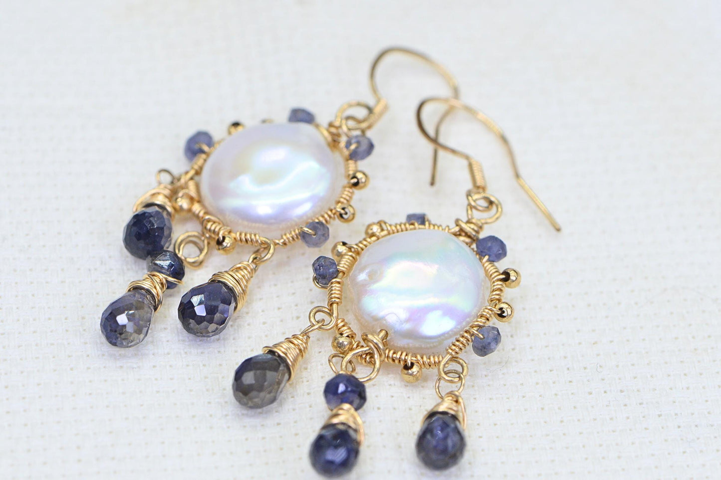 Iolite & Pearl Earrings, 14K Gold Filled Wire Wrapped Jewelry