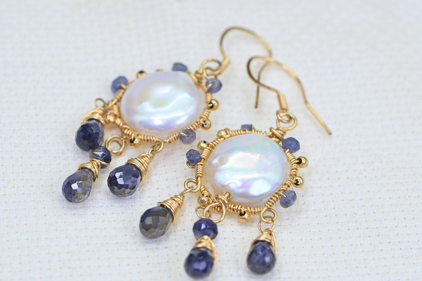 Iolite & Pearl Earrings, 14K Gold Filled Wire Wrapped Jewelry
